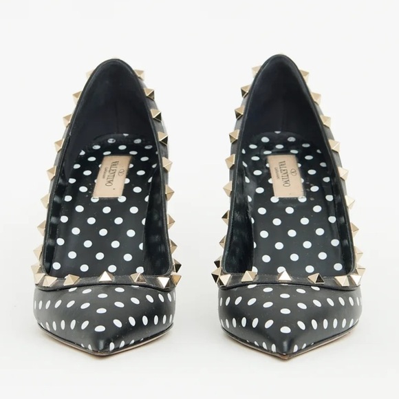 Valentino Rockstud Studded Polkadot Pointed Toe Black Leather Pump Heels - Picture 4 of 5